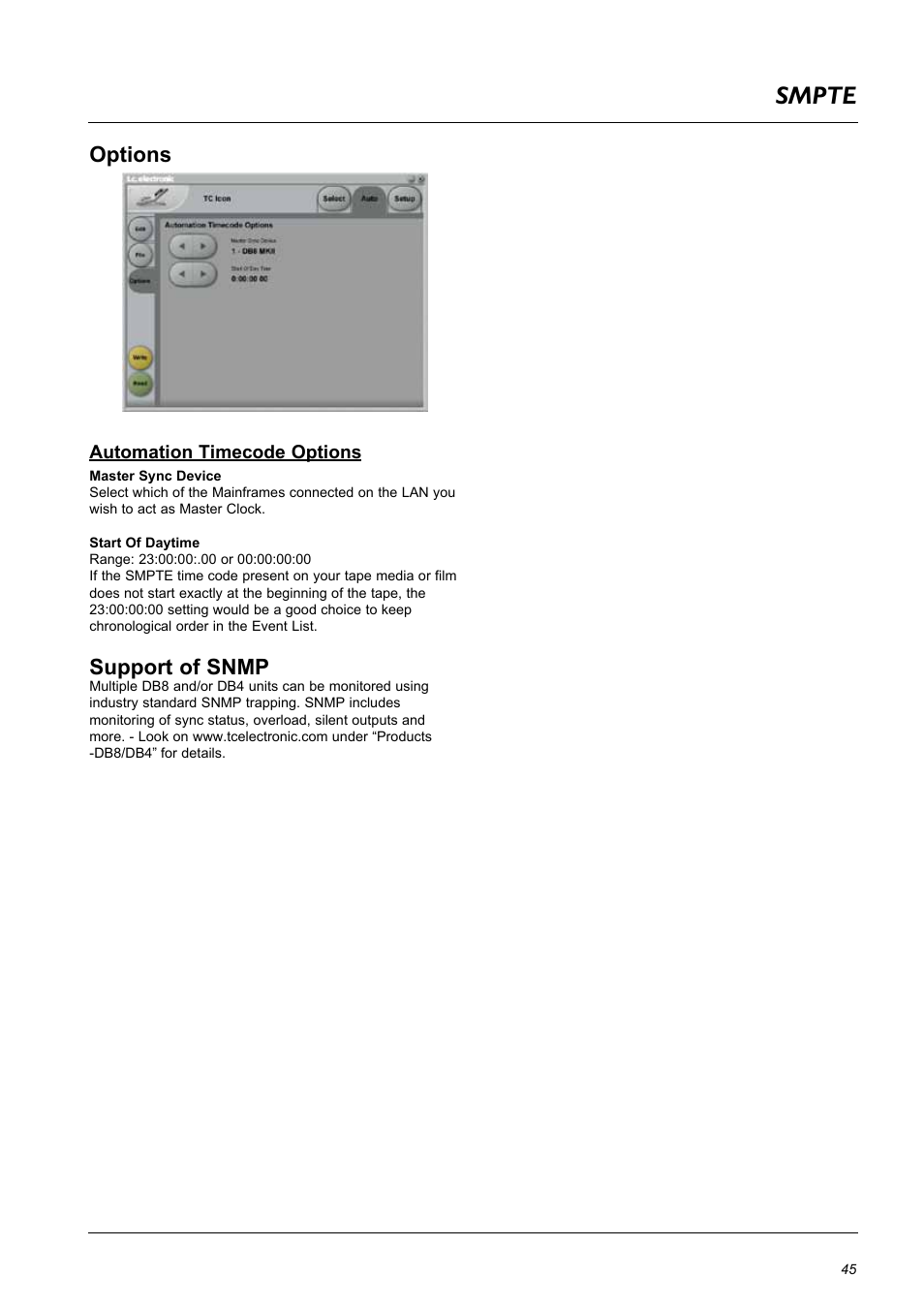 Smpte, Options, Support of snmp | TC Electronic DB8 MKII User Manual | Page 45 / 50