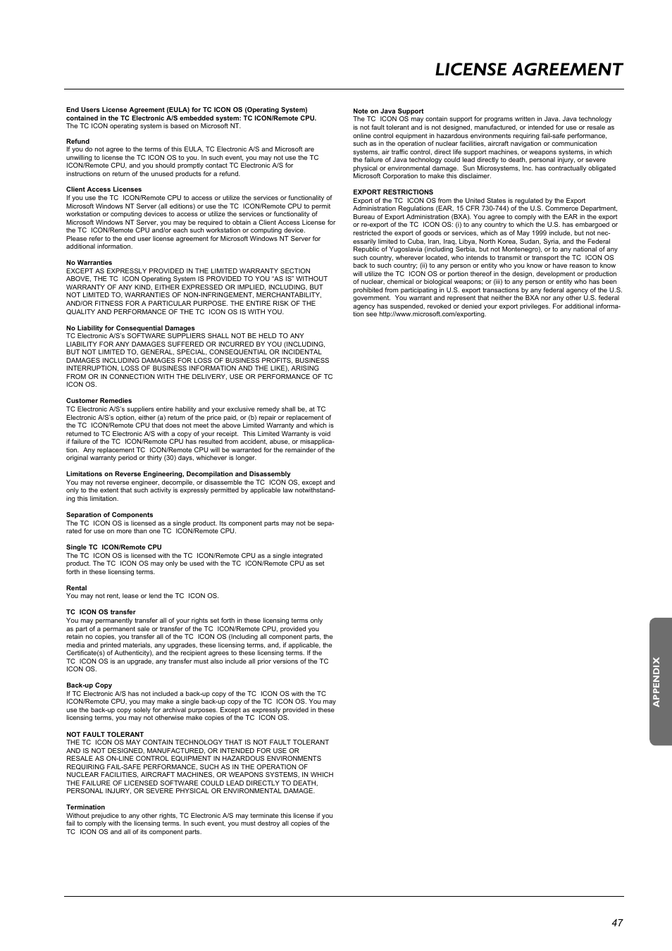 License agreement | TC Electronic DB8 MKII User Manual | Page 47 / 50