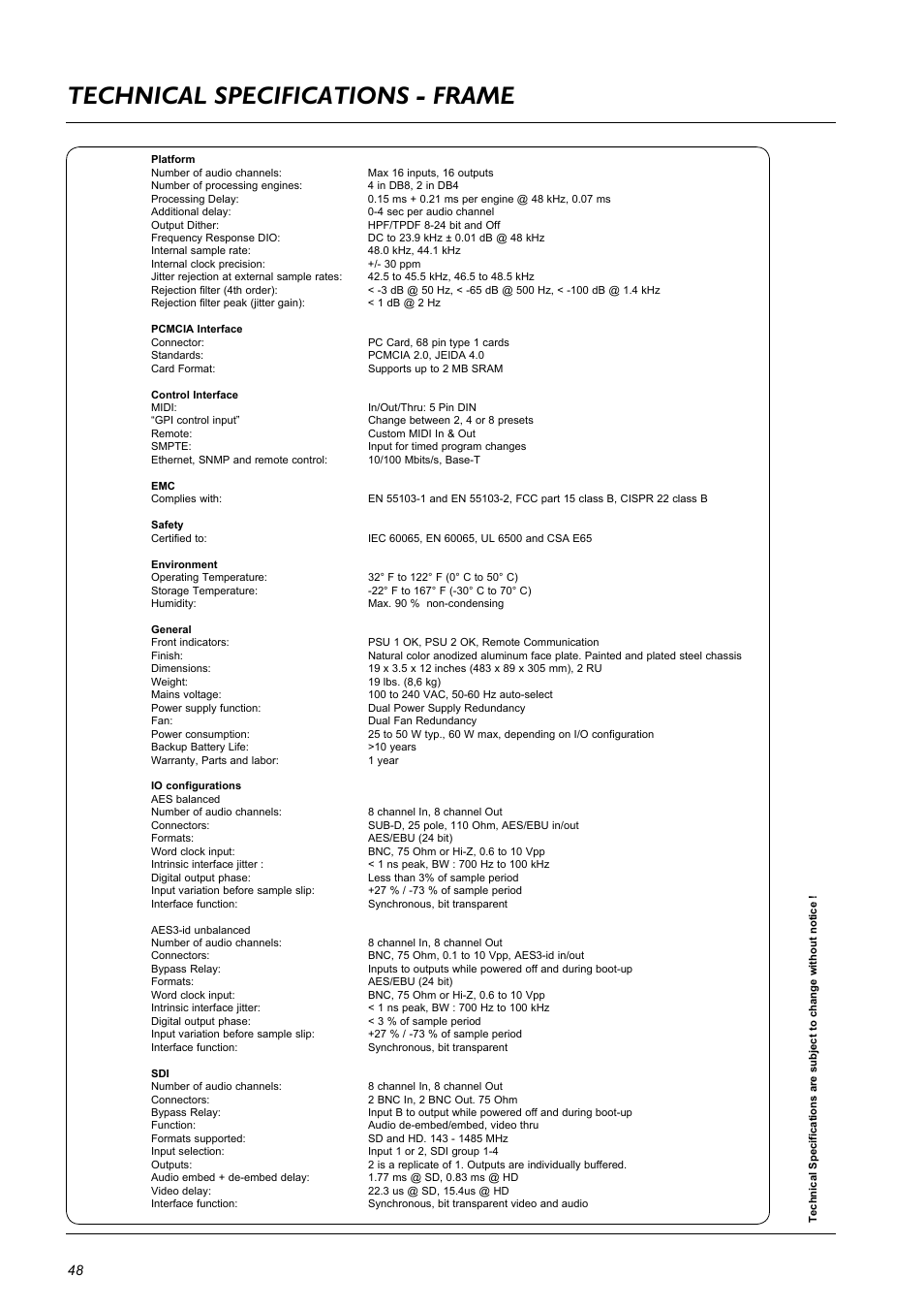Technical specifications - frame | TC Electronic DB8 MKII User Manual | Page 48 / 50