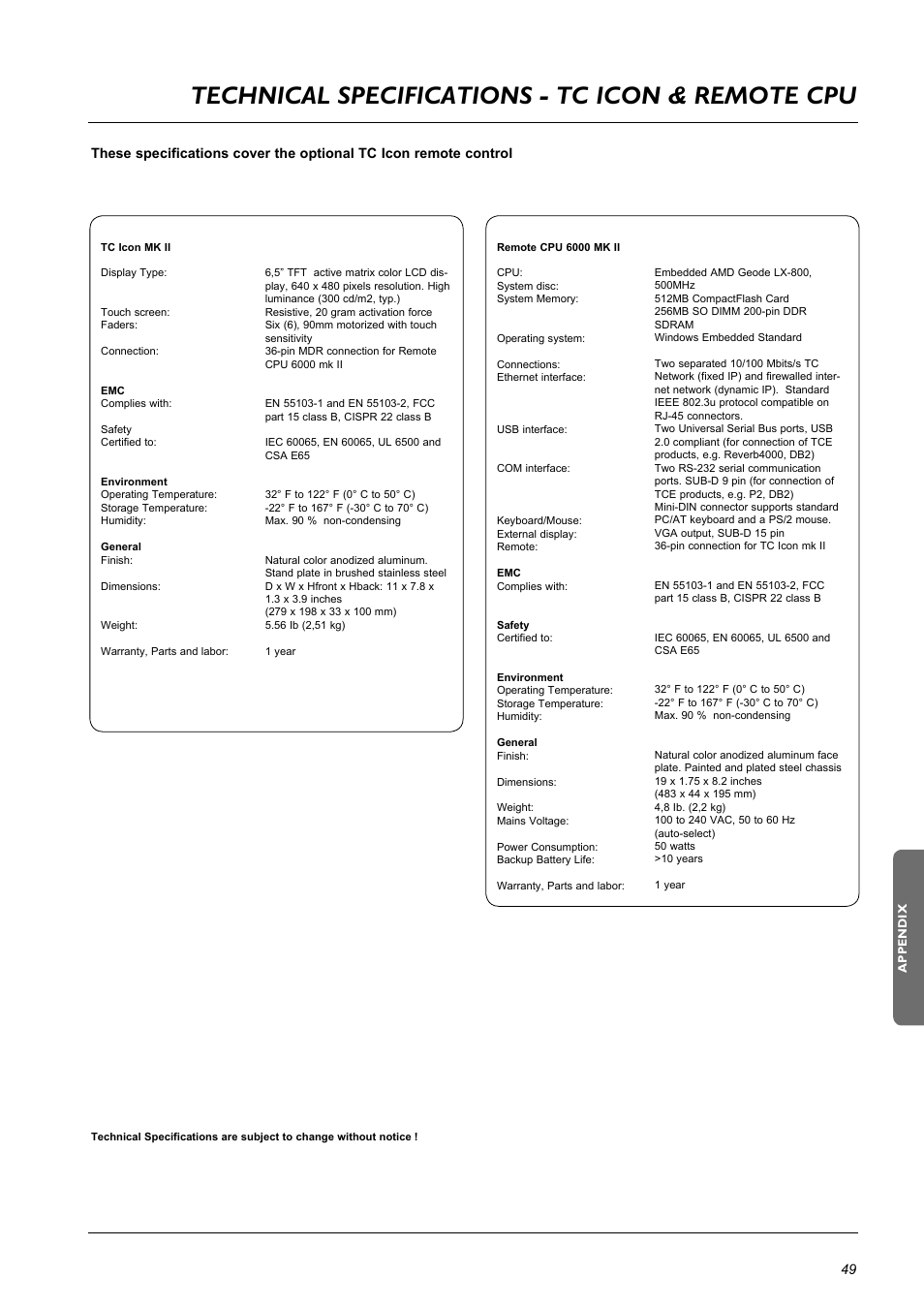 Technical specifications - tc icon & remote cpu | TC Electronic DB8 MKII User Manual | Page 49 / 50