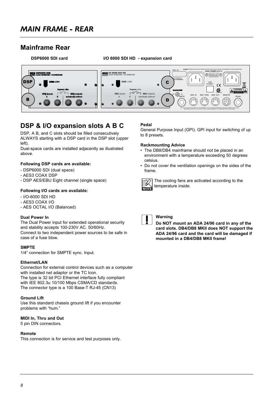 Main frame - rear, Mainframe rear, Dsp & i/o expansion slots a b c | TC Electronic DB8 MKII User Manual | Page 8 / 50