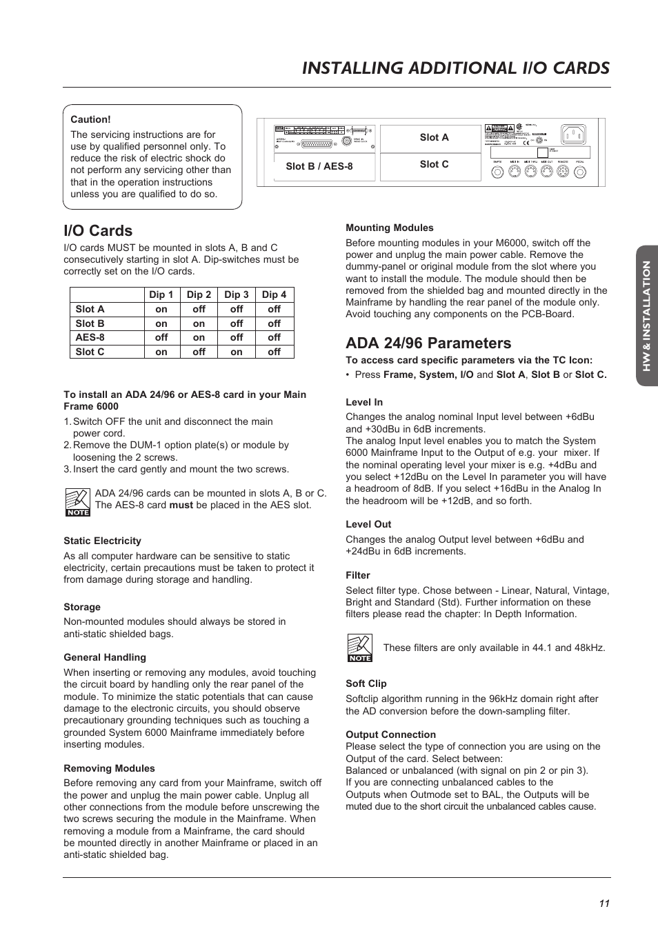 Page head, Installing additional i/o cards, I/o cards | Ada 24/96 parameters | TC Electronic Broadcast 6000 User Manual | Page 11 / 68