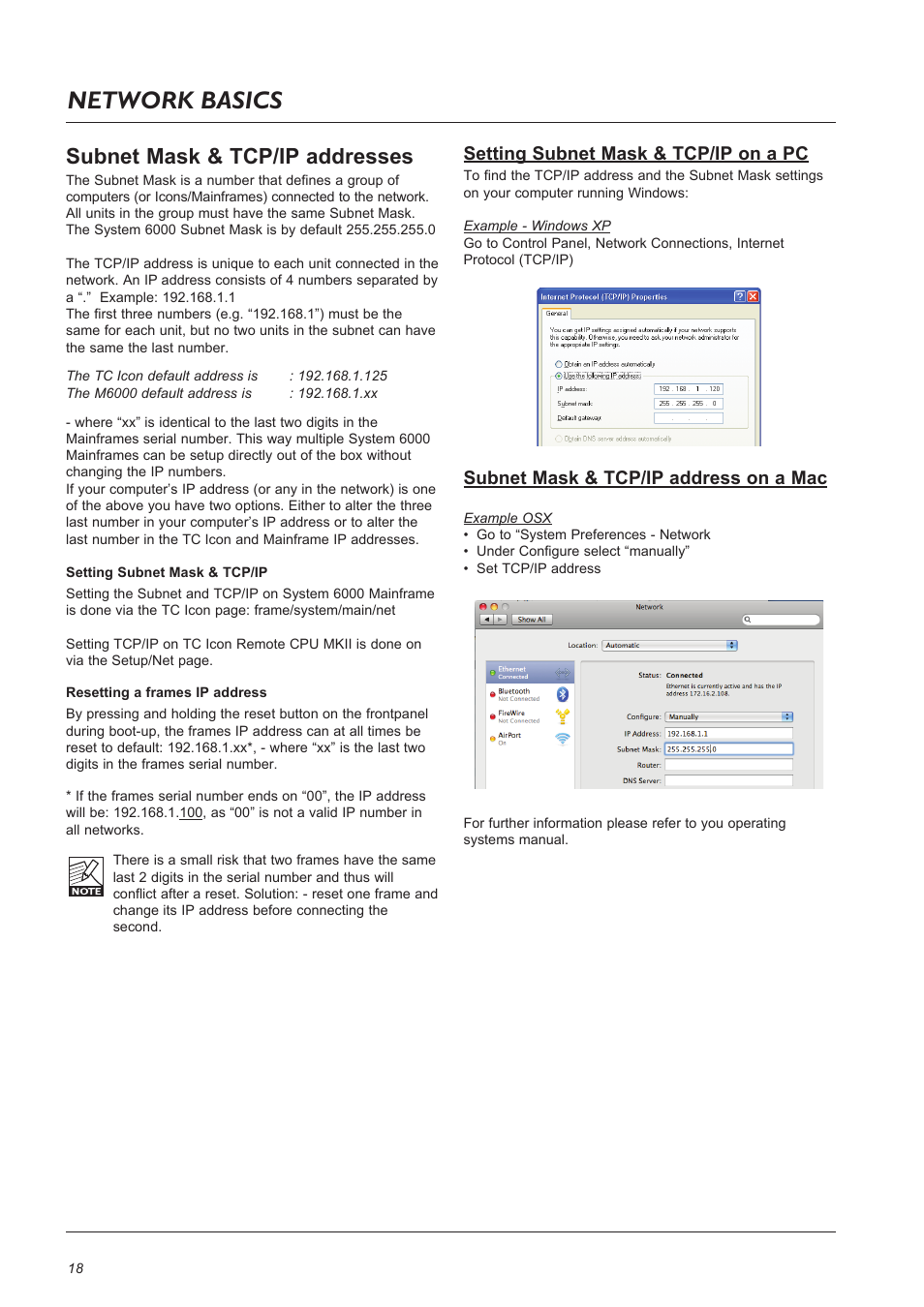 Network basics, Subnet mask & tcp/ip addresses, Setting subnet mask & tcp/ip on a pc | Subnet mask & tcp/ip address on a mac | TC Electronic Broadcast 6000 User Manual | Page 18 / 68