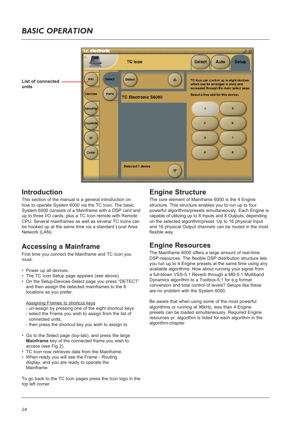 Basic operation, Engine structure, Engine resources | Introduction, Accessing a mainframe | TC Electronic Broadcast 6000 User Manual | Page 24 / 68