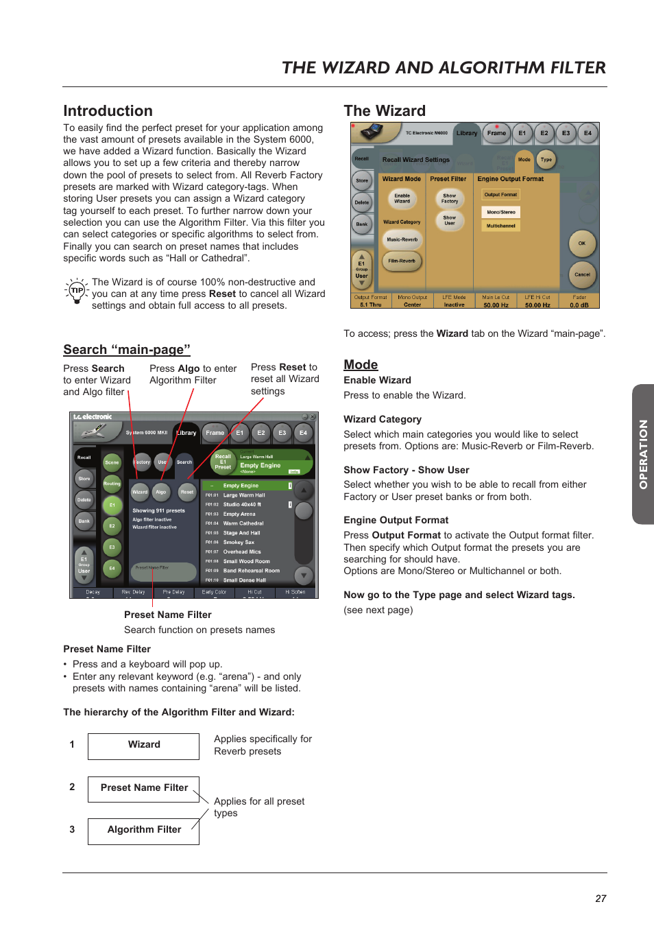 Page head, The wizard and algorithm filter, Introduction | The wizard, Mode, Search “main-page | TC Electronic Broadcast 6000 User Manual | Page 27 / 68