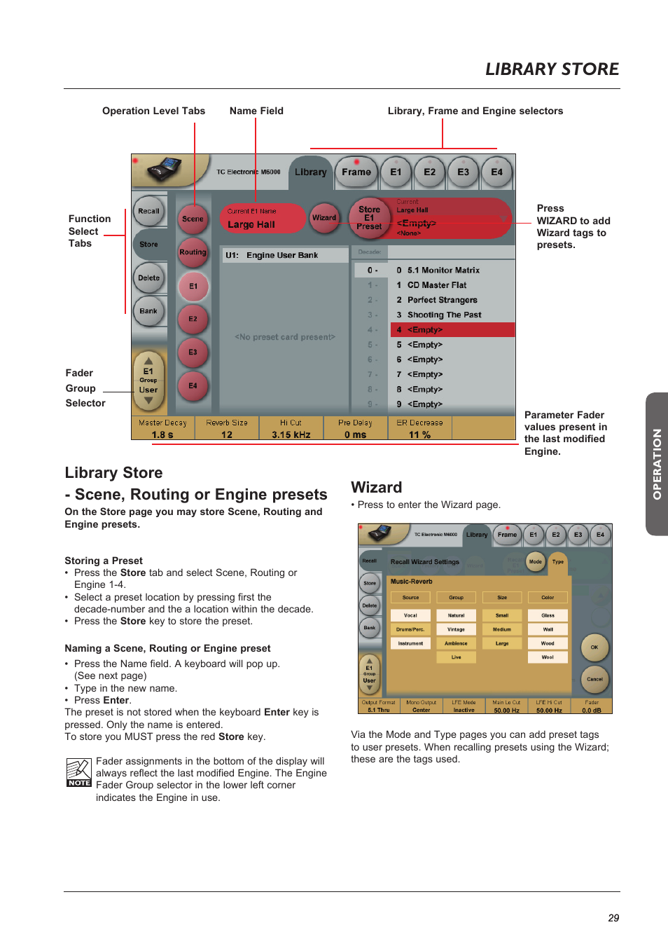 Page head, Library store, Library store - scene, routing or engine presets | Wizard | TC Electronic Broadcast 6000 User Manual | Page 29 / 68