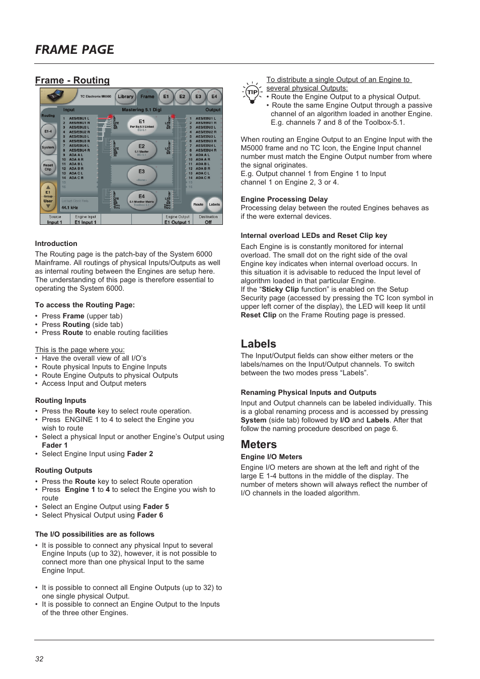 Frame page, Labels, Meters | Frame - routing | TC Electronic Broadcast 6000 User Manual | Page 32 / 68