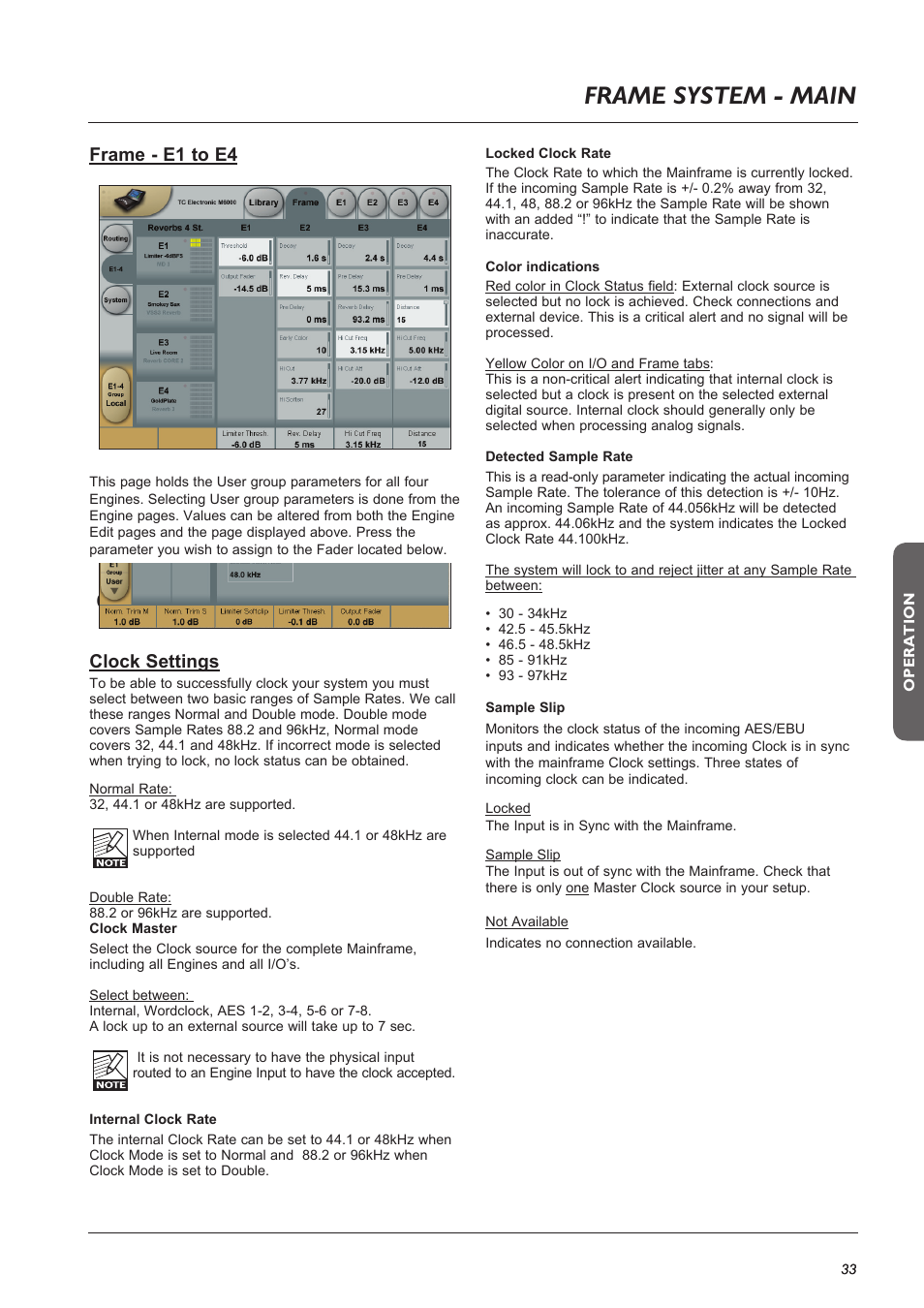 Page head, Frame system - main, Clock | Clock settings, Frame - e1 to e4 | TC Electronic Broadcast 6000 User Manual | Page 33 / 68