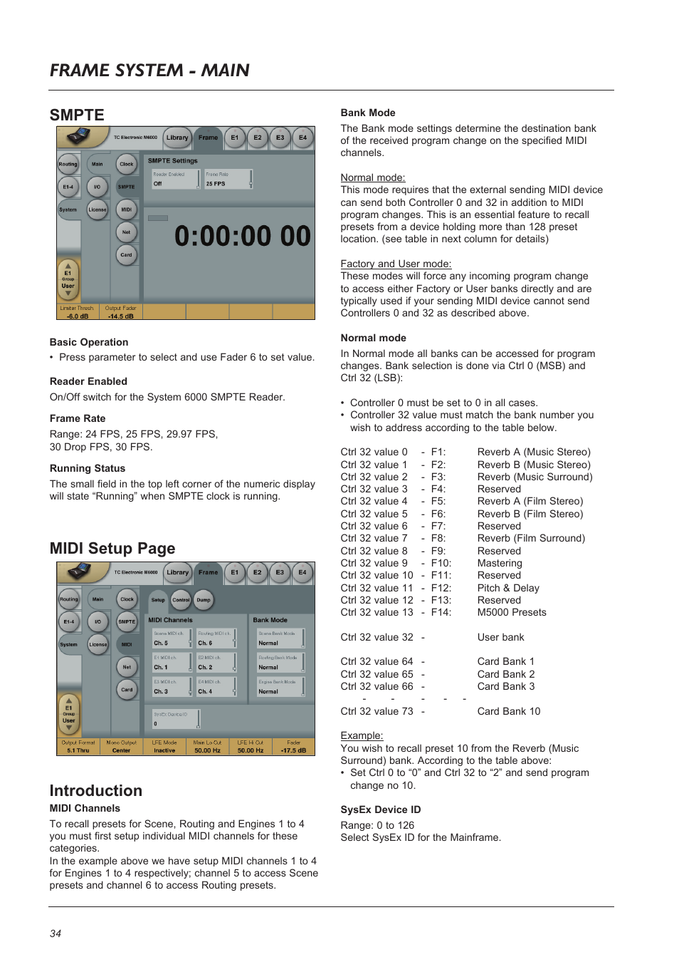 Page head frame system - main, Midi setup page introduction, Smpte | TC Electronic Broadcast 6000 User Manual | Page 34 / 68