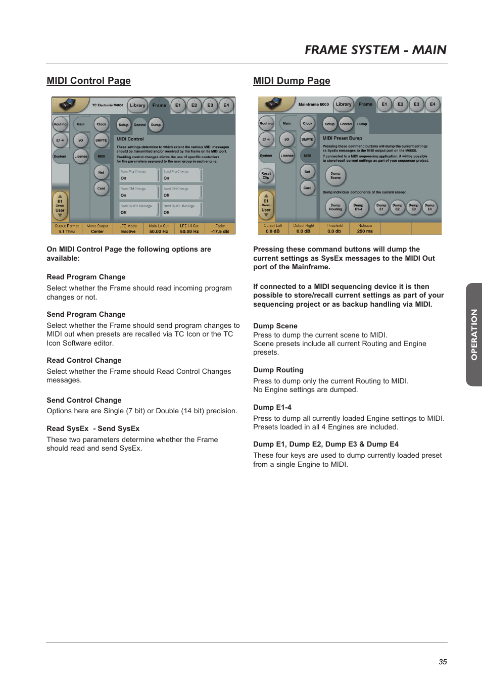 Page head, Page head frame system - main, Midi control page | Midi dump page | TC Electronic Broadcast 6000 User Manual | Page 35 / 68
