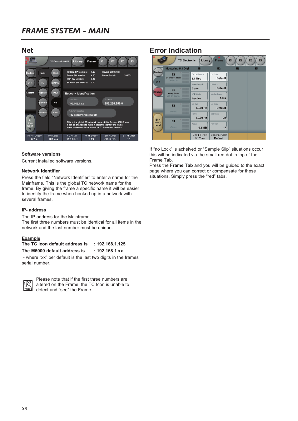 Page head frame system - main, Error indication | TC Electronic Broadcast 6000 User Manual | Page 38 / 68