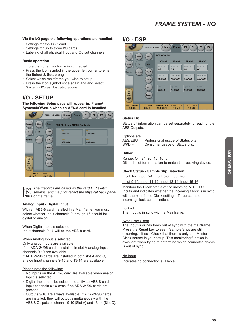Page head, Page head frame system - i/o, I/o - setup | I/o - dsp | TC Electronic Broadcast 6000 User Manual | Page 39 / 68