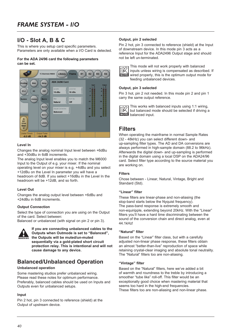 Page head frame system - i/o, I/o - slot a, b & c, Balanced/unbalanced operation | Filters | TC Electronic Broadcast 6000 User Manual | Page 40 / 68