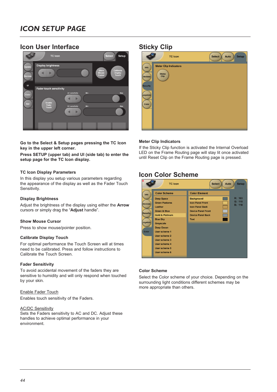 Page head icon setup page, Icon user interface, Icon color scheme | Sticky clip | TC Electronic Broadcast 6000 User Manual | Page 44 / 68