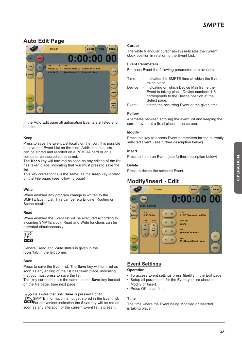 Page head, Page head smpte, Auto edit page | Modify/insert - edit, Event settings | TC Electronic Broadcast 6000 User Manual | Page 45 / 68