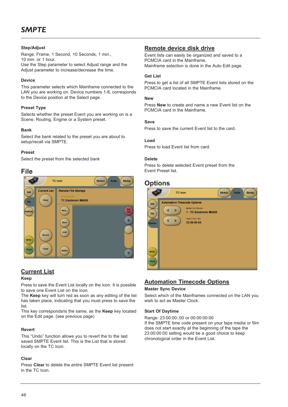 Page head smpte, File, Options | Current list, Remote device disk drive, Automation timecode options | TC Electronic Broadcast 6000 User Manual | Page 46 / 68