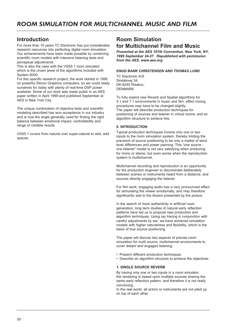 Room simulation for multichannel film and music, Introduction | TC Electronic Broadcast 6000 User Manual | Page 50 / 68