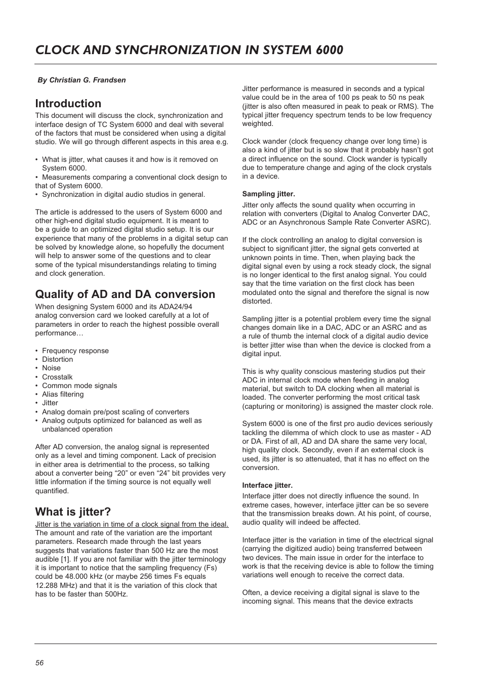 Page head clock and synchronization in system 6000, Introduction, Quality of ad and da conversion | What is jitter | TC Electronic Broadcast 6000 User Manual | Page 56 / 68