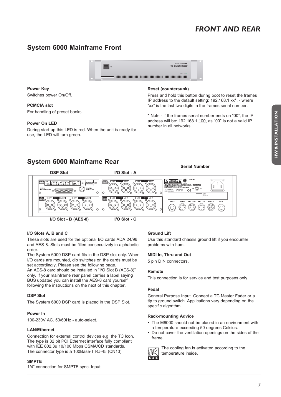 Page head, Front and rear, System 6000 mainframe front | System 6000 mainframe rear | TC Electronic Broadcast 6000 User Manual | Page 7 / 68