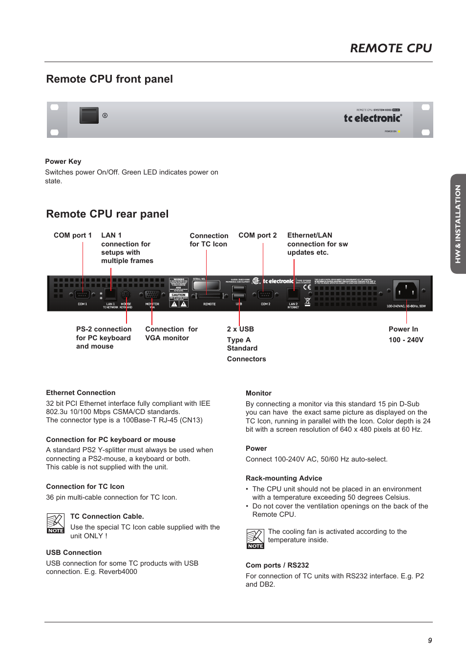 Page head, Remote cpu, Remote cpu front panel remote cpu rear panel | TC Electronic Broadcast 6000 User Manual | Page 9 / 68
