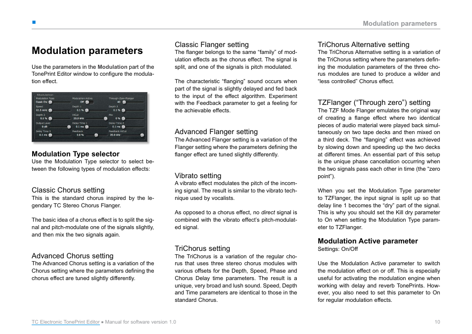 Modulation parameters, Modulation type selector, Classic chorus setting | Advanced chorus setting, Classic flanger setting, Advanced flanger setting, Vibrato setting, Trichorus setting, Trichorus alternative setting, Tzflanger (“through zero”) setting | TC Electronic TonePrint Editor User Manual | Page 12 / 19