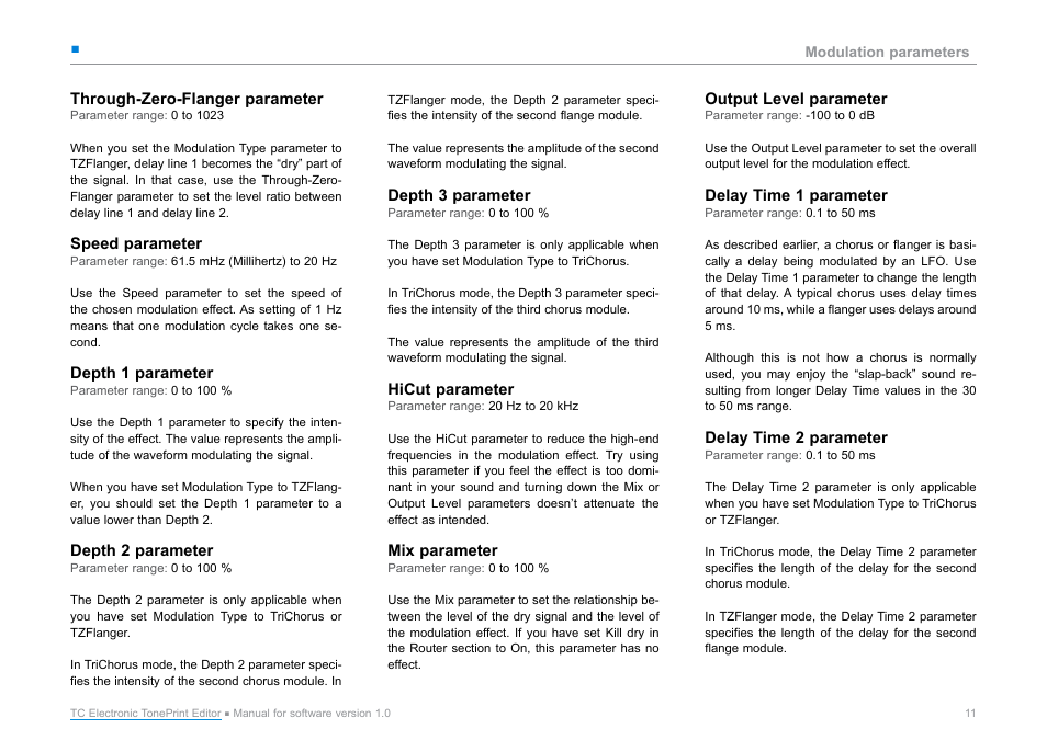 Through-zero-flanger parameter, Speed parameter, Depth 1 parameter | Depth 2 parameter, Depth 3 parameter, Hicut parameter, Mix parameter, Output level parameter, Delay time 1 parameter, Delay time 2 parameter | TC Electronic TonePrint Editor User Manual | Page 13 / 19