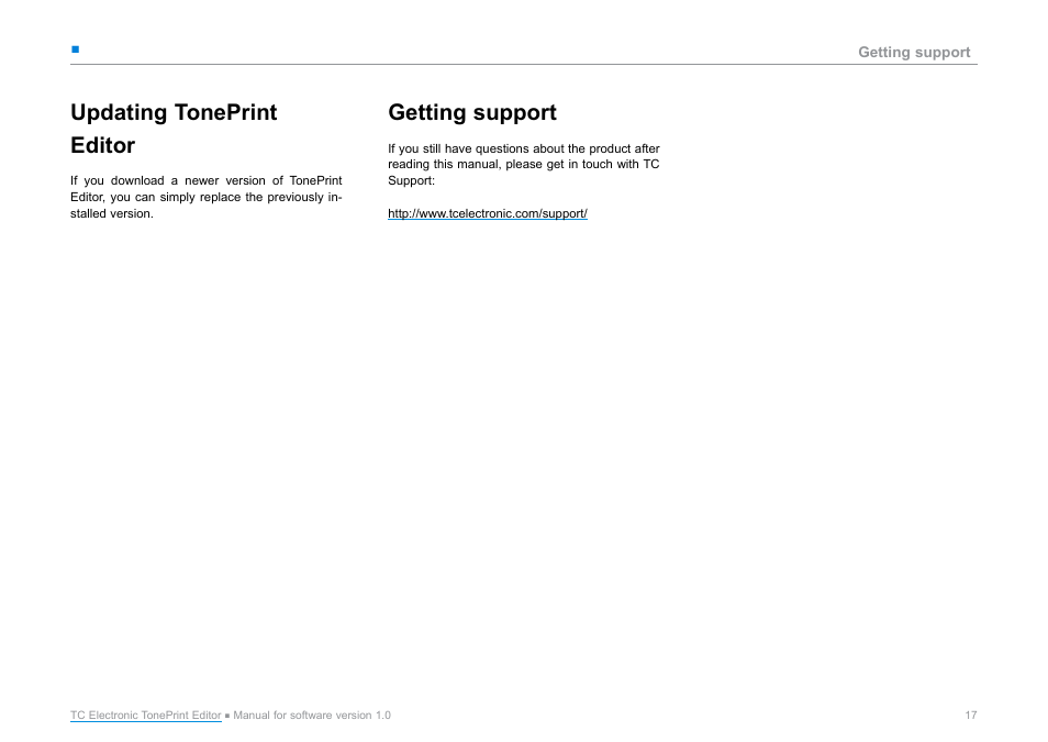 Updating toneprint editor, Getting support | TC Electronic TonePrint Editor User Manual | Page 19 / 19