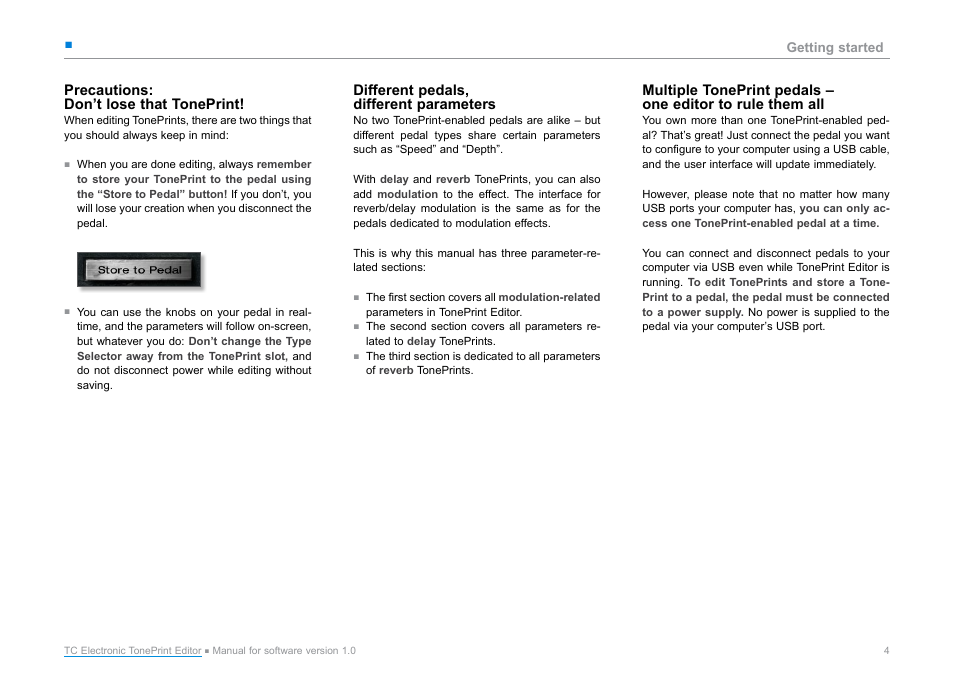 Precautions: don’t lose that toneprint, Different pedals, different parameters, Precautions | Don’t lose that toneprint, Multiple toneprint pedals – one editor | TC Electronic TonePrint Editor User Manual | Page 6 / 19