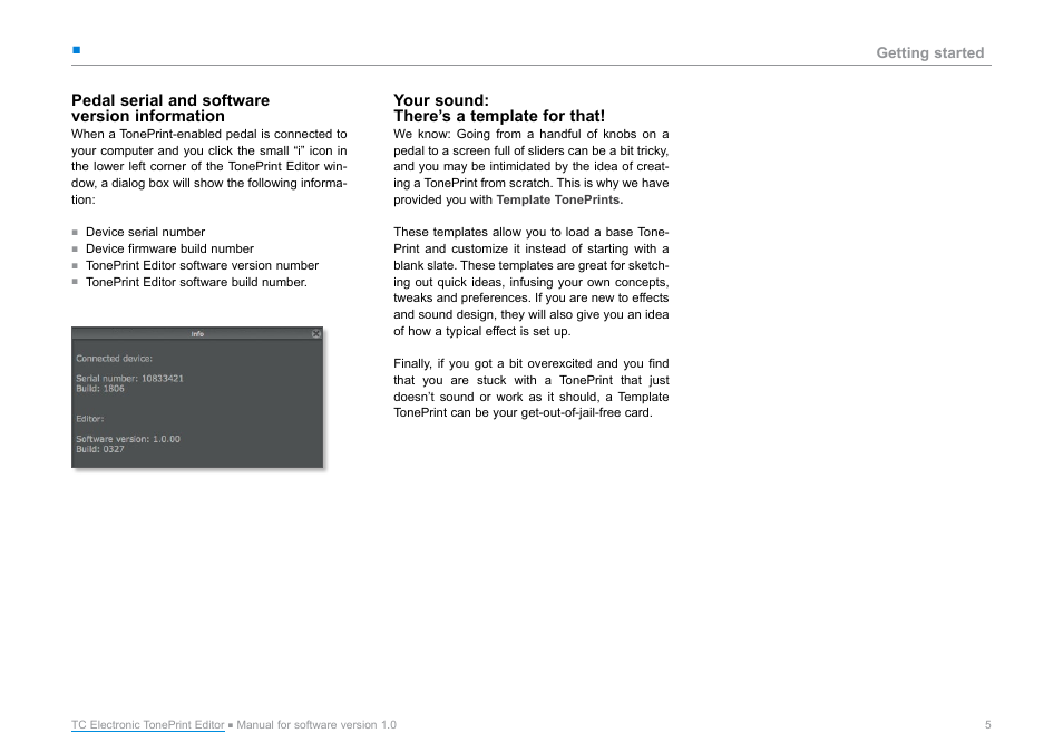 Pedal serial and software version information, Your sound: there’s a template for that, Pedal serial and software | Version information, Your sound, There’s a template for that | TC Electronic TonePrint Editor User Manual | Page 7 / 19