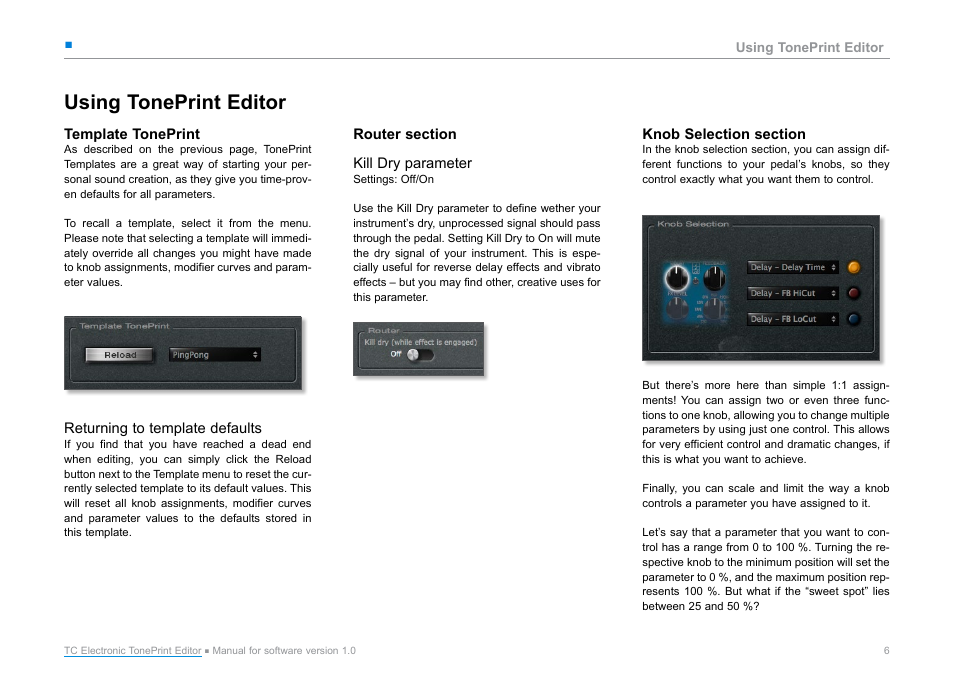 Using toneprint editor, Template toneprint, Returning to template defaults | Router section, Kill dry parameter, Knob selection section | TC Electronic TonePrint Editor User Manual | Page 8 / 19