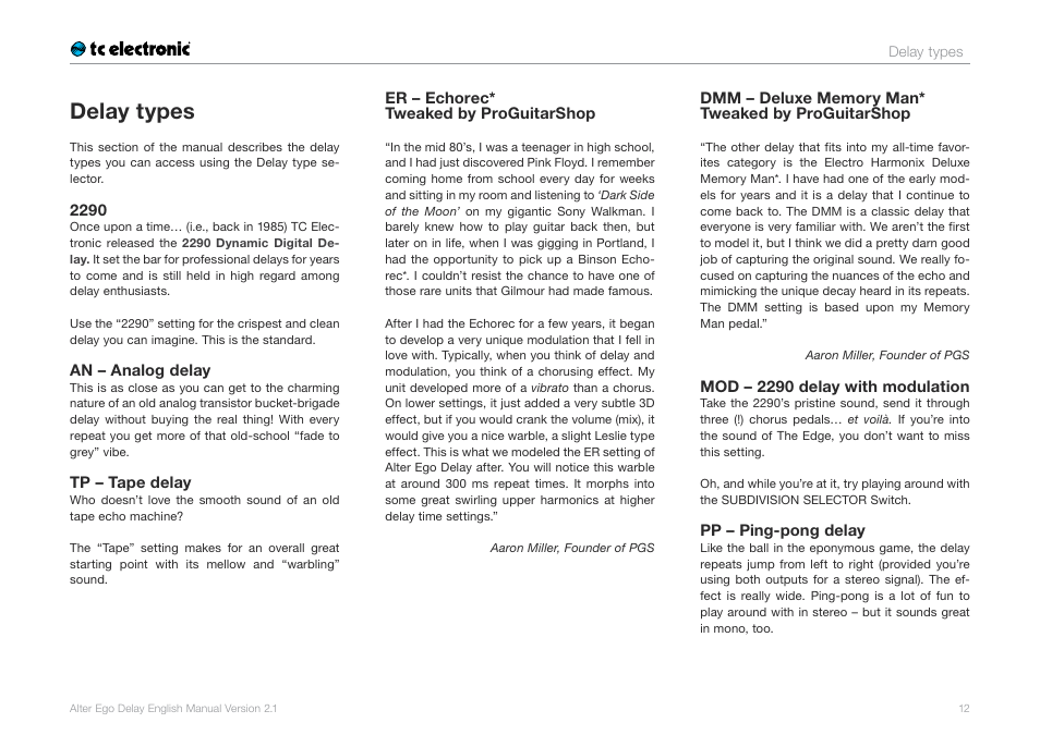Delay types | TC Electronic Alter Ego Delay User Manual | Page 14 / 20