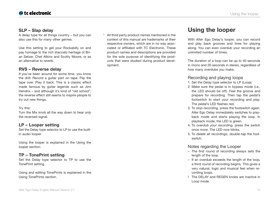 Using the looper | TC Electronic Alter Ego Delay User Manual | Page 15 / 20