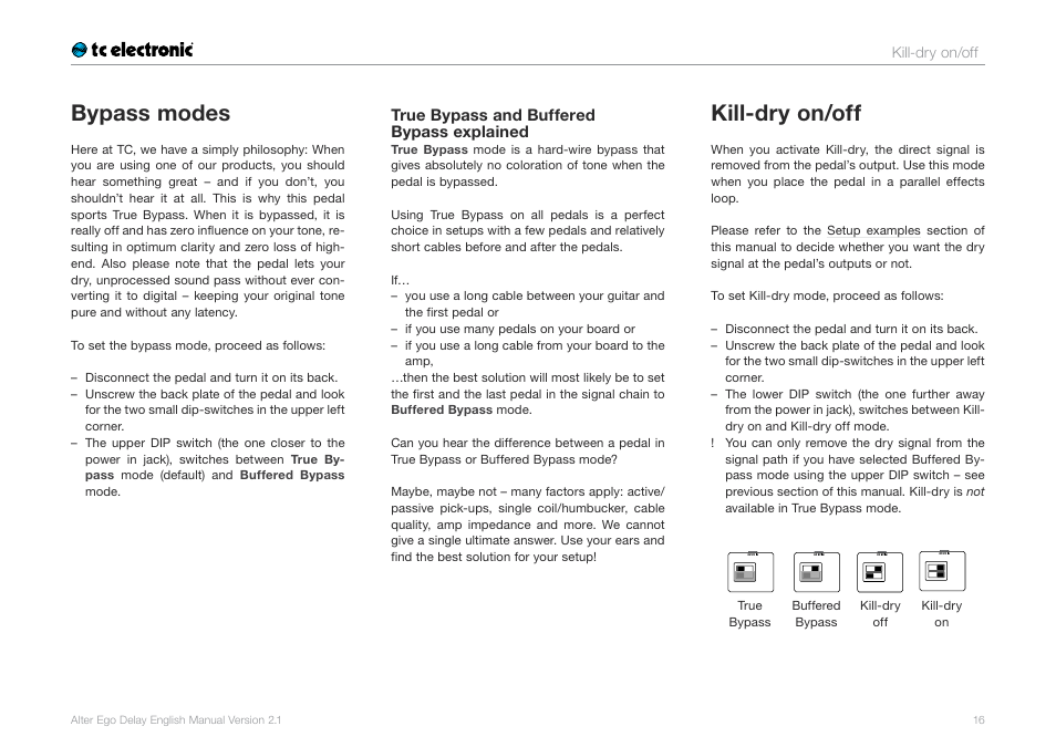 Bypass modes, Kill-dry on/off | TC Electronic Alter Ego Delay User Manual | Page 18 / 20
