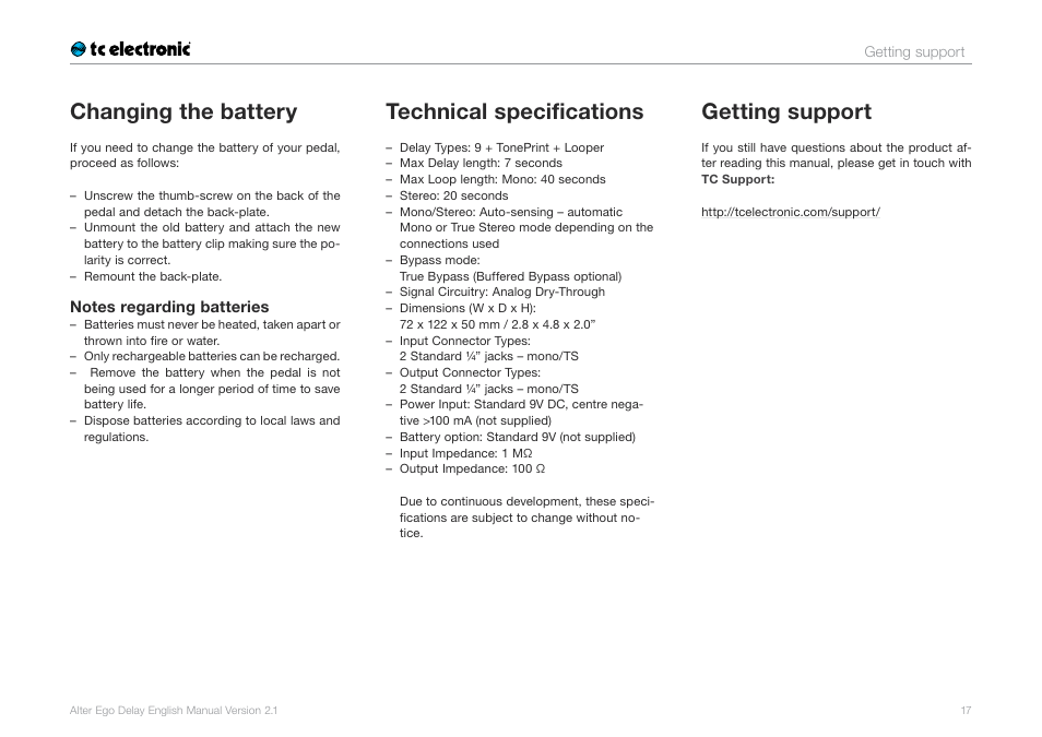Changing the battery, Technical specifications, Getting support | TC Electronic Alter Ego Delay User Manual | Page 19 / 20