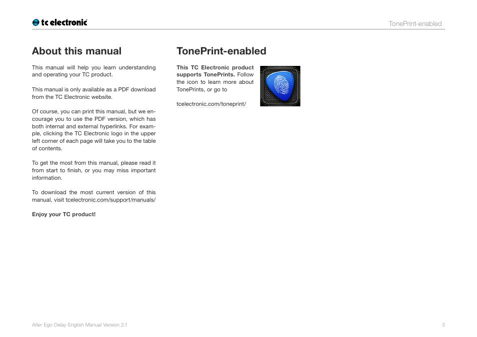 About this manual, Toneprint-enabled | TC Electronic Alter Ego Delay User Manual | Page 5 / 20