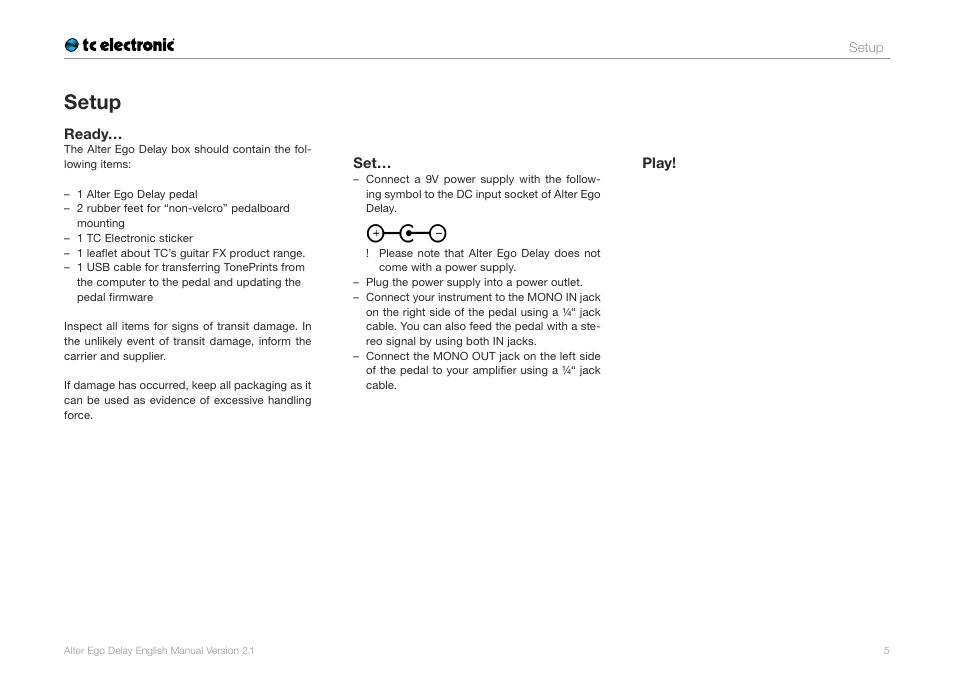 Unpacking and setting up, Setup | TC Electronic Alter Ego Delay User Manual | Page 7 / 20