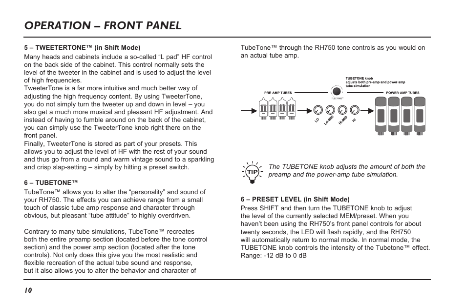 Operation – front panel | TC Electronic RH750 User Manual | Page 12 / 24