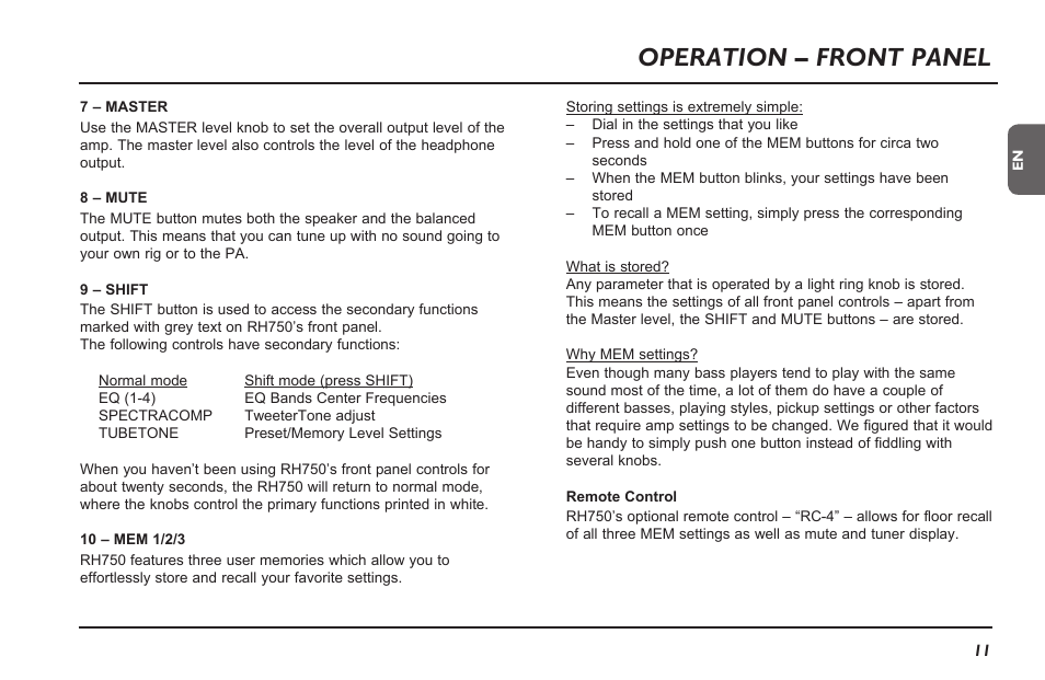 Operation – front panel | TC Electronic RH750 User Manual | Page 13 / 24