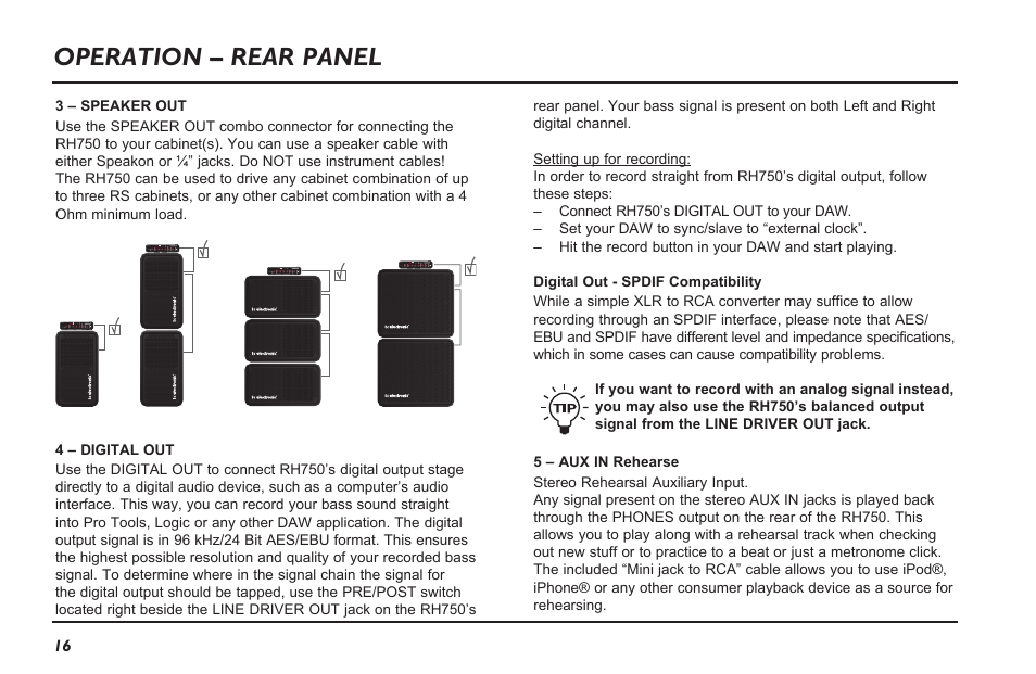 Operation – rear panel | TC Electronic RH750 User Manual | Page 18 / 24