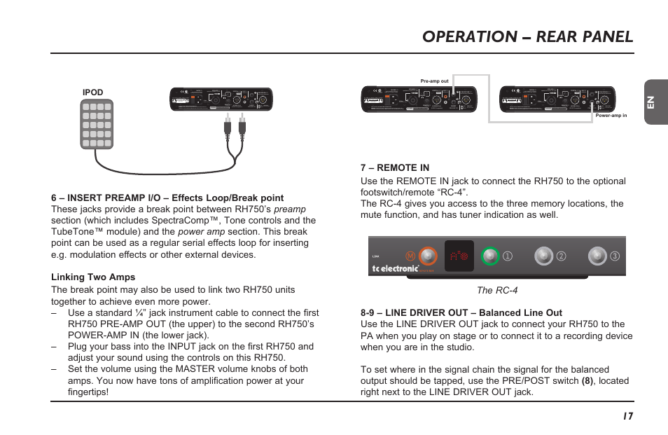 Operation – rear panel | TC Electronic RH750 User Manual | Page 19 / 24