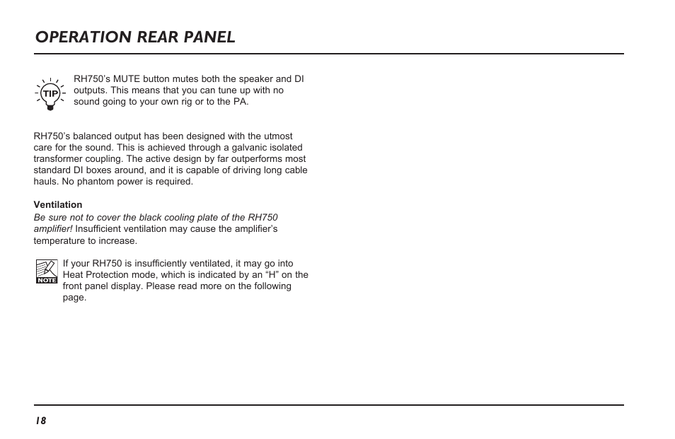 Operation rear panel | TC Electronic RH750 User Manual | Page 20 / 24