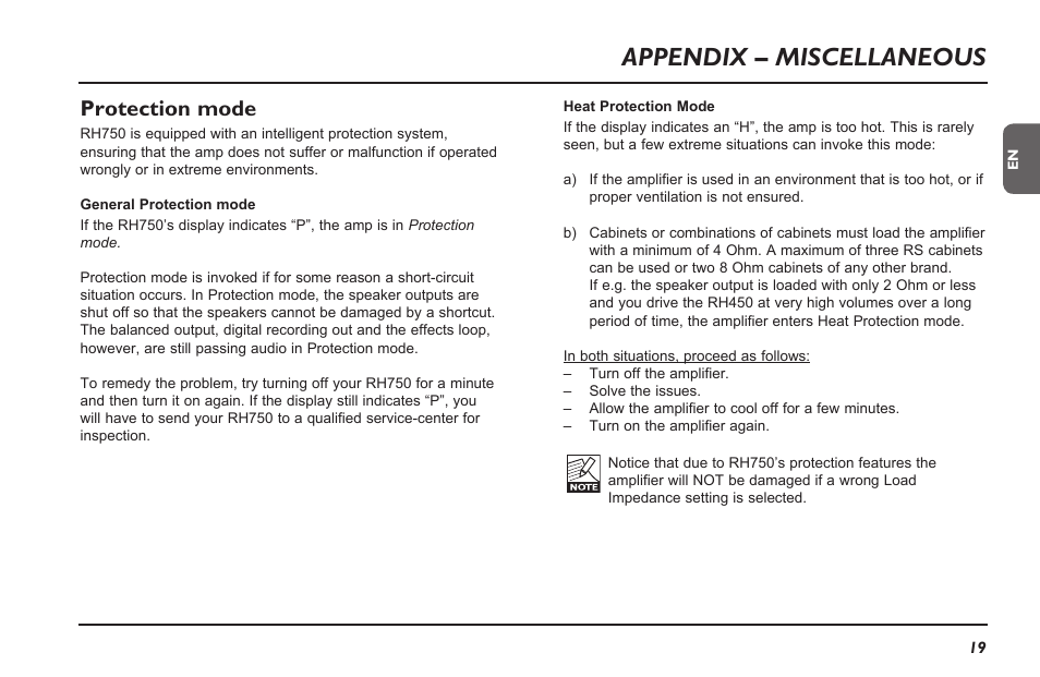 Appendix – miscellaneous, Protection mode | TC Electronic RH750 User Manual | Page 21 / 24