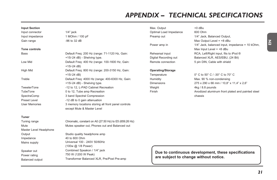 Appendix – technical specifications | TC Electronic RH750 User Manual | Page 23 / 24