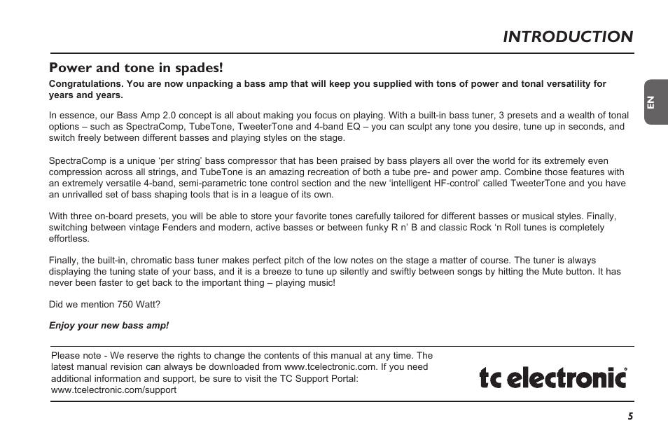 Introduction, Power and tone in spades | TC Electronic RH750 User Manual | Page 7 / 24