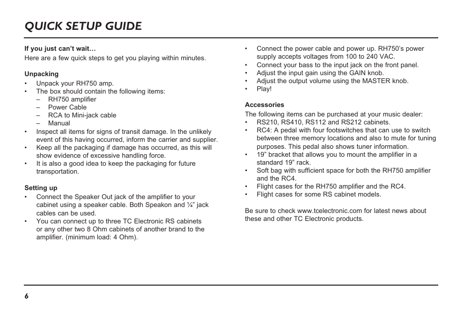 Quick setup guide | TC Electronic RH750 User Manual | Page 8 / 24