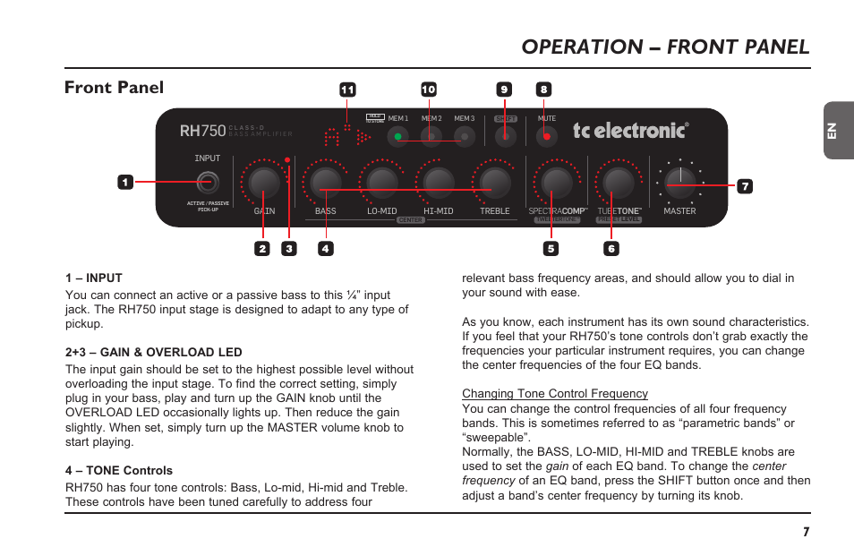 Operation – front panel, Front panel, Rh750 | TC Electronic RH750 User Manual | Page 9 / 24