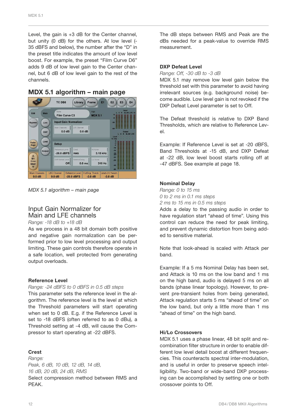 Mdx 5.1 algorithm – main page, Input gain normalizer for main and lfe channels | TC Electronic DB4 MKII User Manual | Page 16 / 95