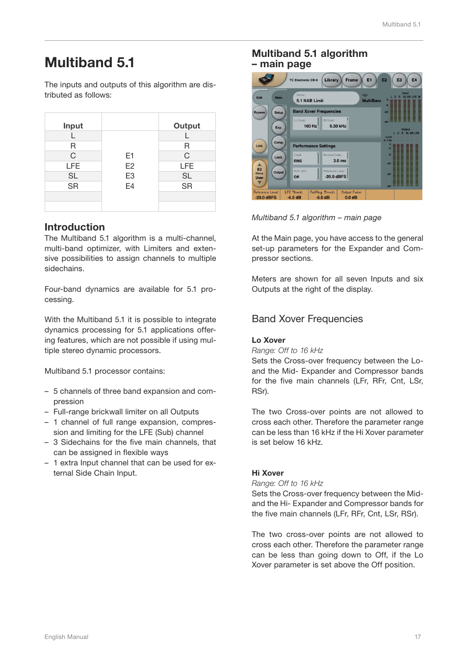 Multiband 5.1, Introduction, Multiband 5.1 algorithm – main page | Band xover frequencies | TC Electronic DB4 MKII User Manual | Page 21 / 95