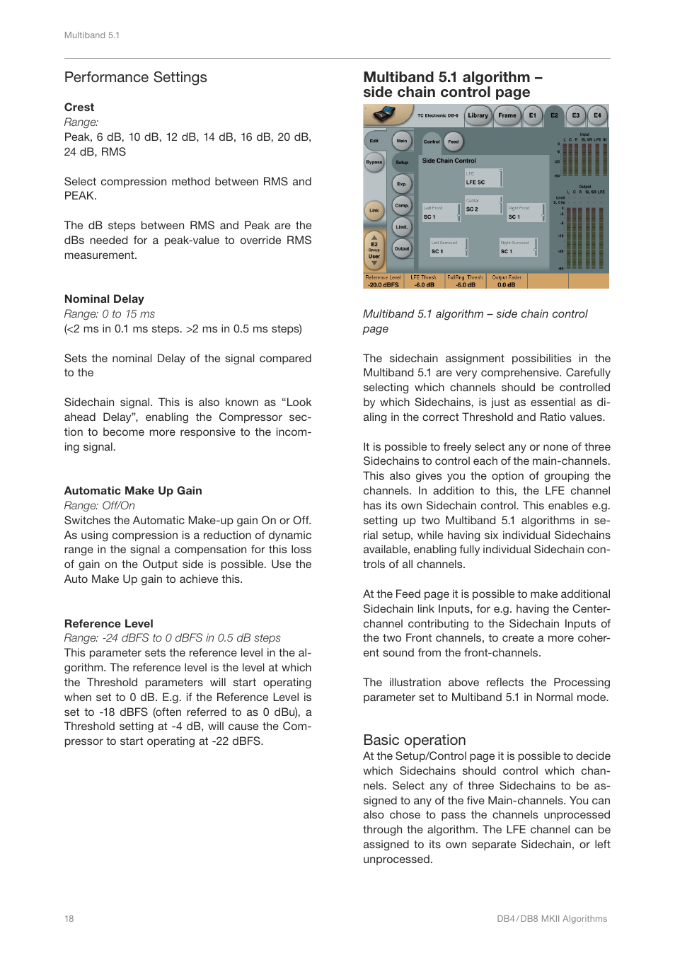 Performance settings, Multiband 5.1 algorithm – side chain control page, Basic operation | TC Electronic DB4 MKII User Manual | Page 22 / 95