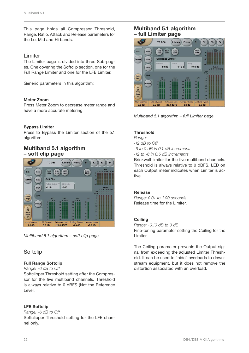 Limiter, Multiband 5.1 algorithm – soft clip page, Softclip | Multiband 5.1 algorithm – full limiter page | TC Electronic DB4 MKII User Manual | Page 26 / 95
